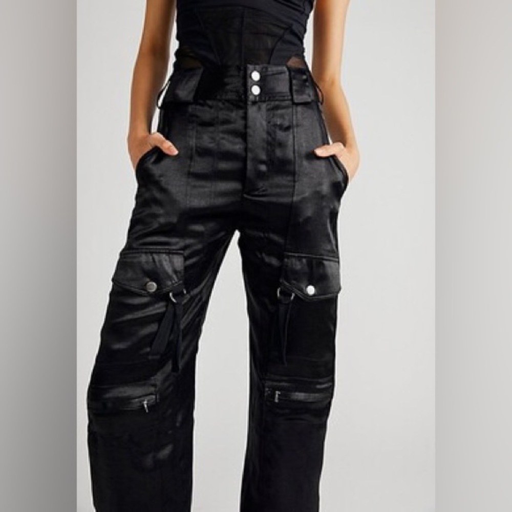 Free People Black Satin Cargo Pants